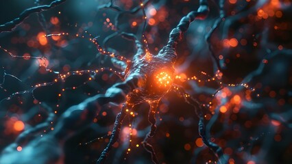 Microscopic view of neural network showing synapse and neuron cells communicating. Concept Neural Networks, Synapse Communication, Neurobiology Research, Brain Cells, Microscopic Imaging