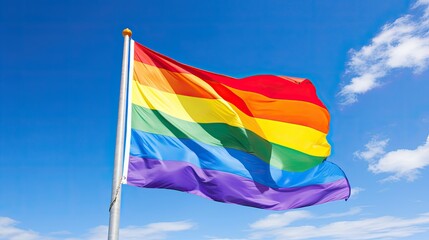 Colorful pride flag waving against blue sky