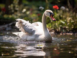 Fototapeta premium Graceful swan swimming in a colorful pond