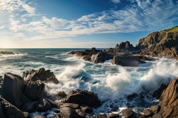 Dramatic seascape with crashing waves and rugged cliffs