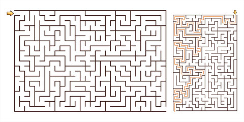 Medium Rectangular Maze Puzzle Game with a solution. Line maze game. Medium complexity. Rectangle labyrinth with entry and exit. Vector