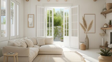 A bright, airy living room with whitewashed walls, a comfortable beige linen sofa, rustic wooden accents, and wide French doors opening onto a sun-drenched patio. 32k, full ultra hd, high resolution