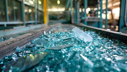 Photo of glass recycling process in industry broken glass being recycled. Concept Recycling Industry, Glass Recycling, Broken Glass, Environmental Sustainability, Industrial Process