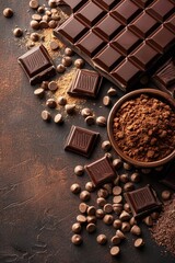 A tantalizing display featuring various forms of chocolate, cocoa powder, and chocolate beans on a dark rustic surface