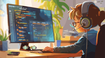 Cute little programmer using modern computer at home