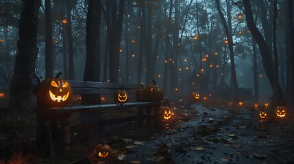 As night falls on Halloween, a spooky forest is illuminated by the sinister glow of Jack O' Lanterns, casting haunting shadows around a lone wooden bench in the gathering darkness.