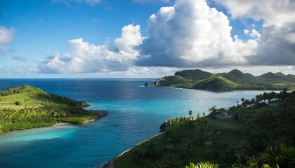 Beautiful view of a tropical island bay, with blue waters and mountainous forest
