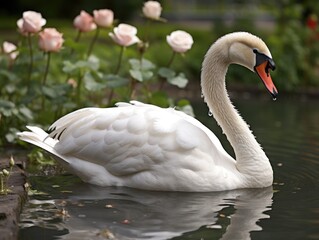 Fototapeta premium white swan swimming in pond with pink roses