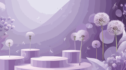Decorative podiums with dandelion flowers on lilac background
