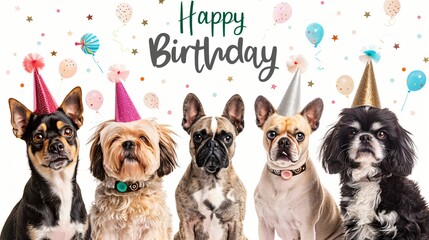 realistic  high quality photo of a group of puppy dog wearing party hats with happy birthday letter  background, wallpaper