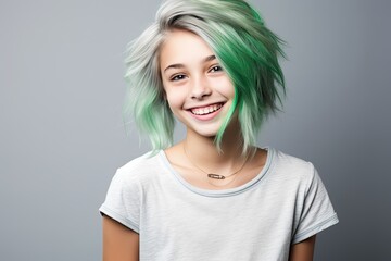 smiling woman with vibrant green and white hair