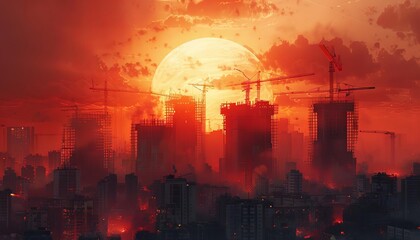 A red moon hangs over a city in the distance. The city is in ruins, with many buildings destroyed or under construction. The sky is dark and there are clouds of smoke in the air.