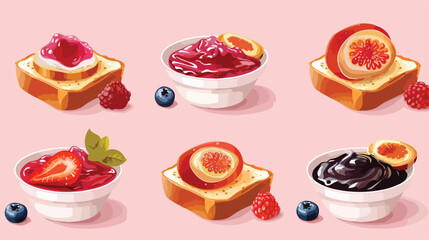 Delicious toasts and bowls of jam on pink background
