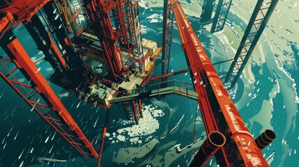 Giant red cranes towering over the blue sea at a bustling port