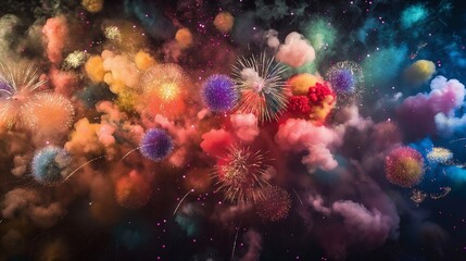 A burst of colorful, abstract fireworks against a night sky, each explosion a chaotic blend of color and light.