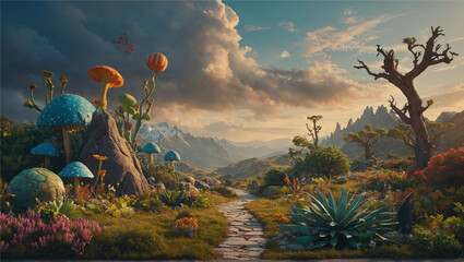 A cartoon world magical plants and whimsical landscapes, Generative AI