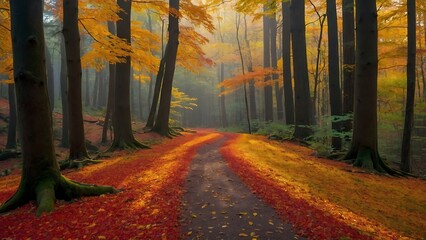 Fototapeta premium autumn forest in the morning Autumn Tranquility Forest Path in Fall 
