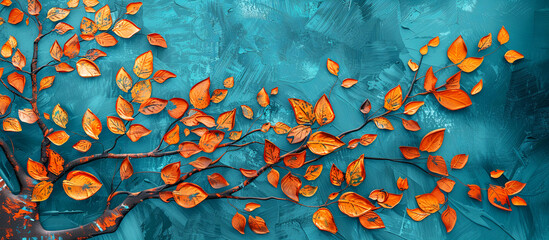 Fototapeta premium Tree with red leaves on azur background. Oil painting Asian banner.