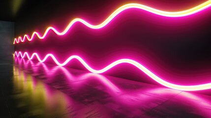 colorful neon lines on dark black wall background 