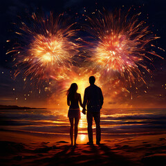 해변에서 불꽃놀이중인 커플