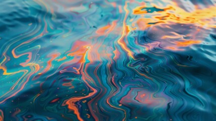 Abstract iridescent oil spill on water surface. Pollution and environment concept for design and print 
