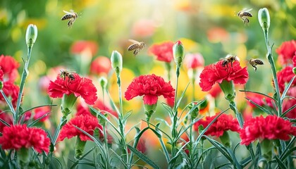Red carnation detailed matte painting, in a field of flowers, bees buzzing, flower, nature, flowers, plant, garden, spring, pink, red, blossom, summer, bloom, beauty, flora, yellow, macro