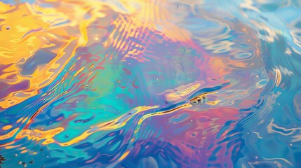 Abstract iridescent oil spill on water surface. Pollution and environment concept for design and print 