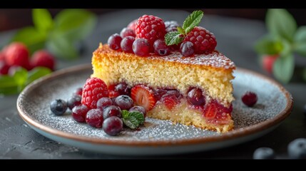 Fruit Berry Cake on a Ceramic Plate