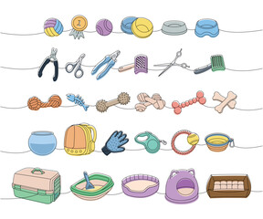 Naklejka premium Pets accessories. Scissors, nail clippers, brush, fur remover, aquarium, backpack carrier, hair remover glove, tape measure leash, portable water bowl