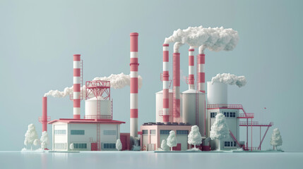 Obraz premium Stylized illustration of a modern industrial factory complex with emitting smokestacks, set against a cool backdrop.
