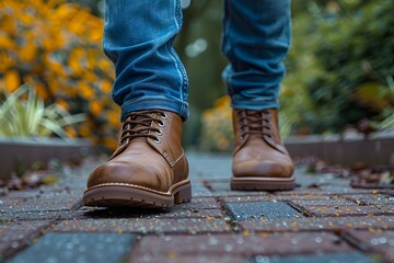 Close-up of a person wearing leather shoes and old jeans walking alone on the sidewalk. Suitable for the concept of unemployment, going on adventures, independence, Finding myself, seeking experience.