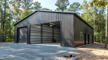 Fototapeta premium Steel commercial garage building with straight walls for durability and functionality. Concept Steel Buildings, Commercial Garage, Straight Walls, Durability, Functionality