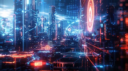 Fototapeta premium A futuristic cityscape illuminated by neon lights and holographic displays, showcasing the cutting-edge advancements in technology against a backdrop of starry skies. 