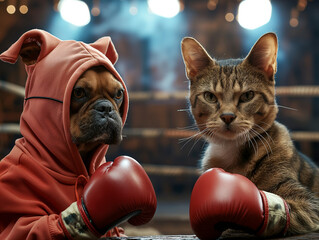 A cat and a dog are standing in a boxing ring, both wearing boxing gloves, conflict concept. - Powered by Adobe