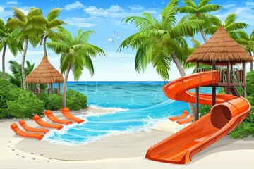 Orange aquapark water slide arrival in beautiful blue water background banner for summer fun