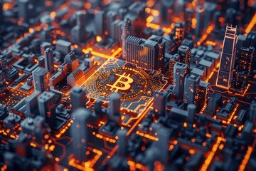 Obraz premium A digital painting of a futuristic city with glowing orange lights and a large glowing orange bitcoin symbol on a skyscraper in the center of the city.