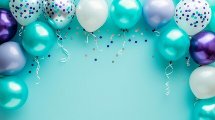 A bunch of balloons in various colors and confetti scattered on a blue background