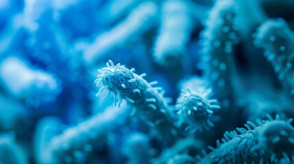 Fototapeta premium Close-up detailed virus particles in a vivid blue color, representing medical research. 