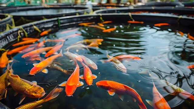 Aquaculture farm with fishfilled ponds demonstrates sustainable fishery practices and environmental conservation. Concept Aquaculture, Sustainable Fishery, Environmental Conservation