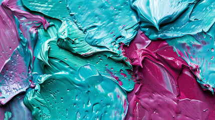 High-resolution acrylic paint close-up, showcasing the rich texture and vivid turquoise and magenta palette.