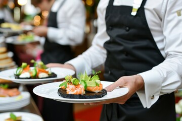 Waiter carrying plates with fish dish at festive event, party, or wedding reception in restaurant