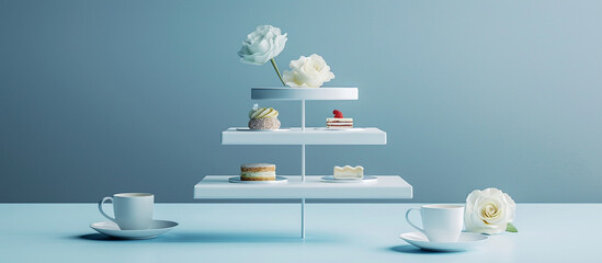 A minimalist three-step empty sweet stand, with clean lines and understated elegance, providing a versatile backdrop for showcasing a variety of desserts, portrayed.