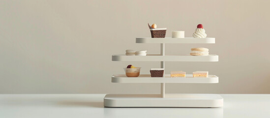 A minimalist three-step empty sweet stand, with clean lines and understated elegance, providing a versatile backdrop for showcasing a variety of desserts, portrayed 