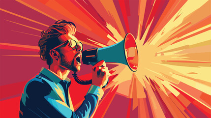 Emotional man with megaphone on color background vector
