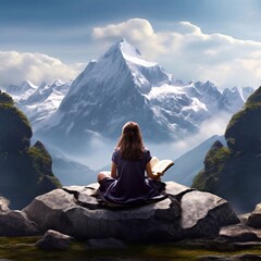 돌 위에 앉아서 책을 보고있는 소녀