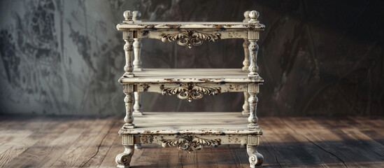 A vintage-inspired three-step empty sweet stand, featuring ornate carvings and distressed finishes, transporting guests to a bygone era of sweet indulgence, presented.
