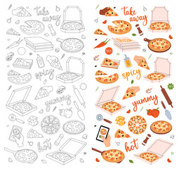 Traditional pizza set. Fresh italian fast food. Restaurant cafe menu. Whole and pieces italian pizza. Vector illustration.