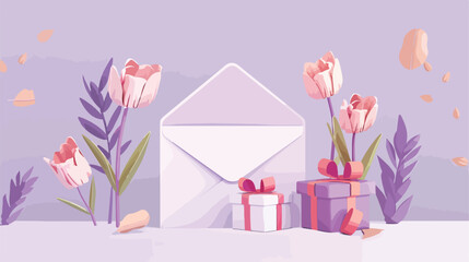 Envelope with blank card gift and tulips on lilac background