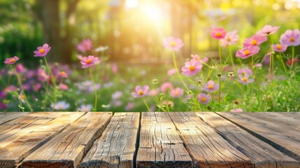 A wooden table with vibrant pink flowers blurred in the background, creating a charming setting
