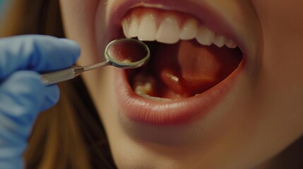 A woman is having her teeth brushed by a pair of scissors in a dental setting
